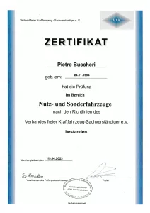 Originalzertifikat Nutz- und Sonderfahrzeuge für Pietro Buccheri