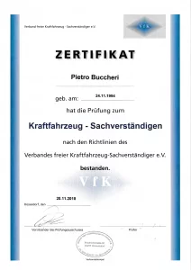 Originalzertifikat Kfz-Sachverständiger für Pietro Buccheri