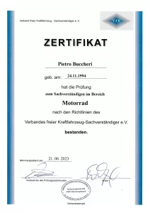 Originalzertifikat Motorrad für Pietro Buccheri